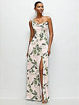 Front View Thumbnail - Palm Beach Print Chiffon One-Shoulder Maxi Dress with Draped Cowl Neckline