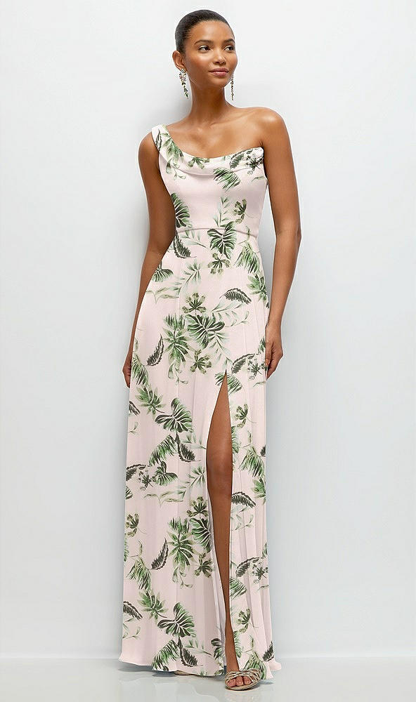 Front View - Palm Beach Print Chiffon One-Shoulder Maxi Dress with Draped Cowl Neckline