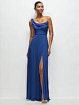 Front View Thumbnail - Classic Blue Chiffon One-Shoulder Maxi Dress with Draped Cowl Neckline