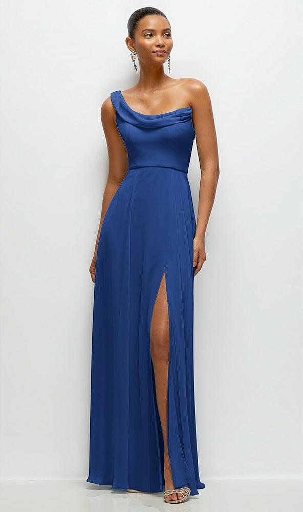 Front View - Classic Blue Chiffon One-Shoulder Maxi Dress with Draped Cowl Neckline