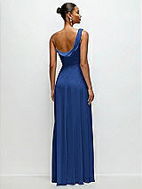 Rear View Thumbnail - Classic Blue Chiffon One-Shoulder Maxi Dress with Draped Cowl Neckline