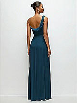 Rear View Thumbnail - Atlantic Blue Chiffon One-Shoulder Maxi Dress with Draped Cowl Neckline