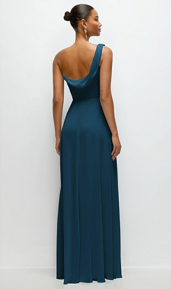 Back View - Atlantic Blue Chiffon One-Shoulder Maxi Dress with Draped Cowl Neckline