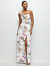 Front View Thumbnail - Butterfly Botanica Ivory Chiffon One-Shoulder Maxi Dress with Draped Cowl Neckline