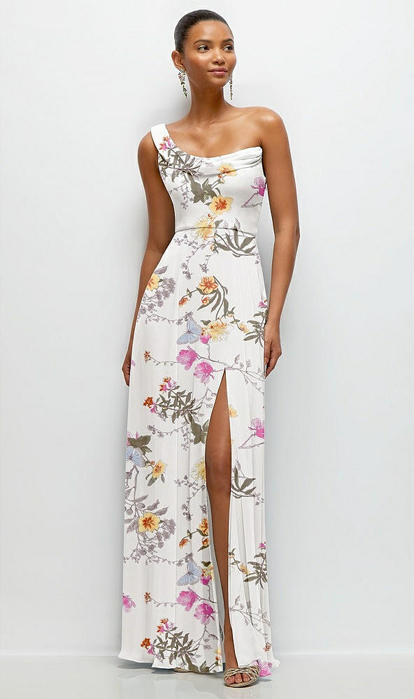 Front View - Butterfly Botanica Ivory Chiffon One-Shoulder Maxi Dress with Draped Cowl Neckline