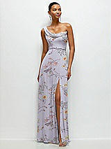 Front View Thumbnail - Butterfly Botanica Silver Dove Chiffon One-Shoulder Maxi Dress with Draped Cowl Neckline