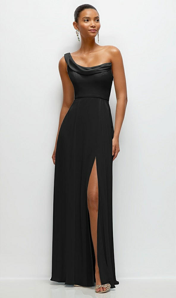 Front View - Black Chiffon One-Shoulder Maxi Dress with Draped Cowl Neckline