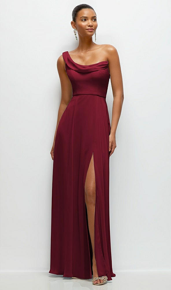 Front View - Burgundy Chiffon One-Shoulder Maxi Dress with Draped Cowl Neckline