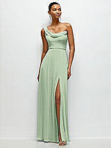 Front View Thumbnail - Celadon Chiffon One-Shoulder Maxi Dress with Draped Cowl Neckline