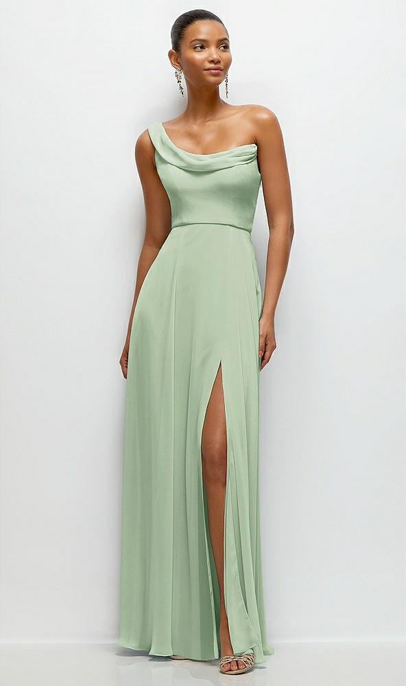 Front View - Celadon Chiffon One-Shoulder Maxi Dress with Draped Cowl Neckline