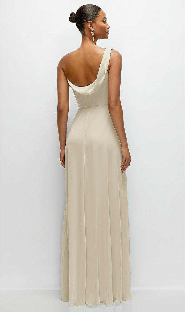 Back View - Champagne Chiffon One-Shoulder Maxi Dress with Draped Cowl Neckline