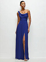 Front View Thumbnail - Cobalt Blue Chiffon One-Shoulder Maxi Dress with Draped Cowl Neckline