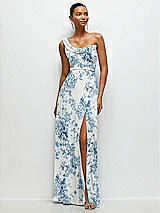 Front View Thumbnail - Cottage Rose Dusk Blue Chiffon One-Shoulder Maxi Dress with Draped Cowl Neckline