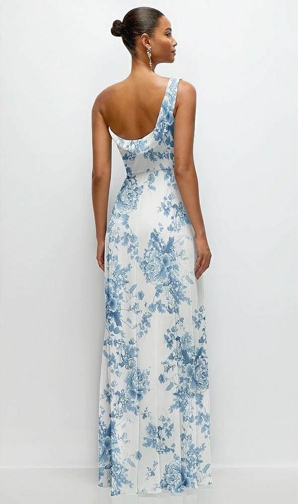 Back View - Cottage Rose Dusk Blue Chiffon One-Shoulder Maxi Dress with Draped Cowl Neckline