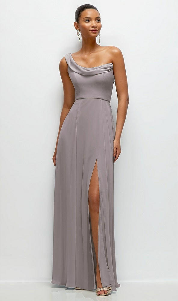 Front View - Cashmere Gray Chiffon One-Shoulder Maxi Dress with Draped Cowl Neckline