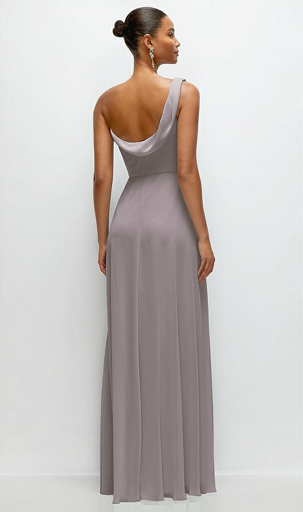 Back View - Cashmere Gray Chiffon One-Shoulder Maxi Dress with Draped Cowl Neckline