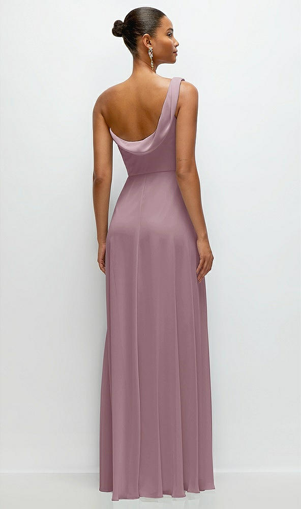 Back View - Dusty Rose Chiffon One-Shoulder Maxi Dress with Draped Cowl Neckline