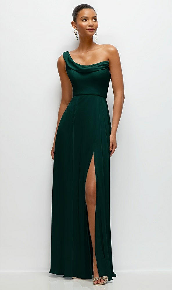 Front View - Evergreen Chiffon One-Shoulder Maxi Dress with Draped Cowl Neckline