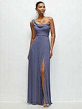 Front View Thumbnail - French Blue Chiffon One-Shoulder Maxi Dress with Draped Cowl Neckline