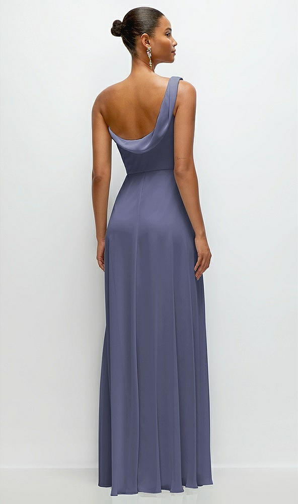 Back View - French Blue Chiffon One-Shoulder Maxi Dress with Draped Cowl Neckline