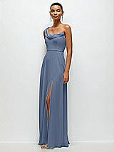 Side View Thumbnail - Larkspur Blue Chiffon One-Shoulder Maxi Dress with Draped Cowl Neckline