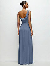 Rear View Thumbnail - Larkspur Blue Chiffon One-Shoulder Maxi Dress with Draped Cowl Neckline