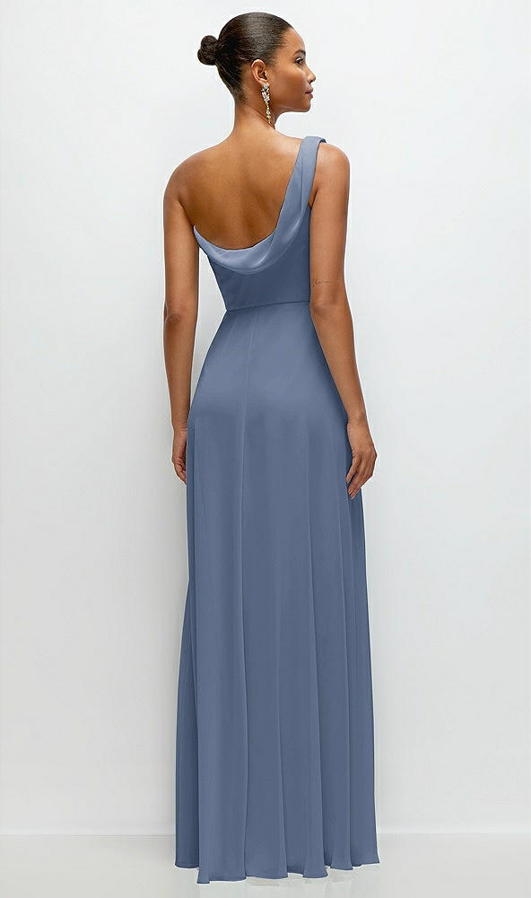 Back View - Larkspur Blue Chiffon One-Shoulder Maxi Dress with Draped Cowl Neckline