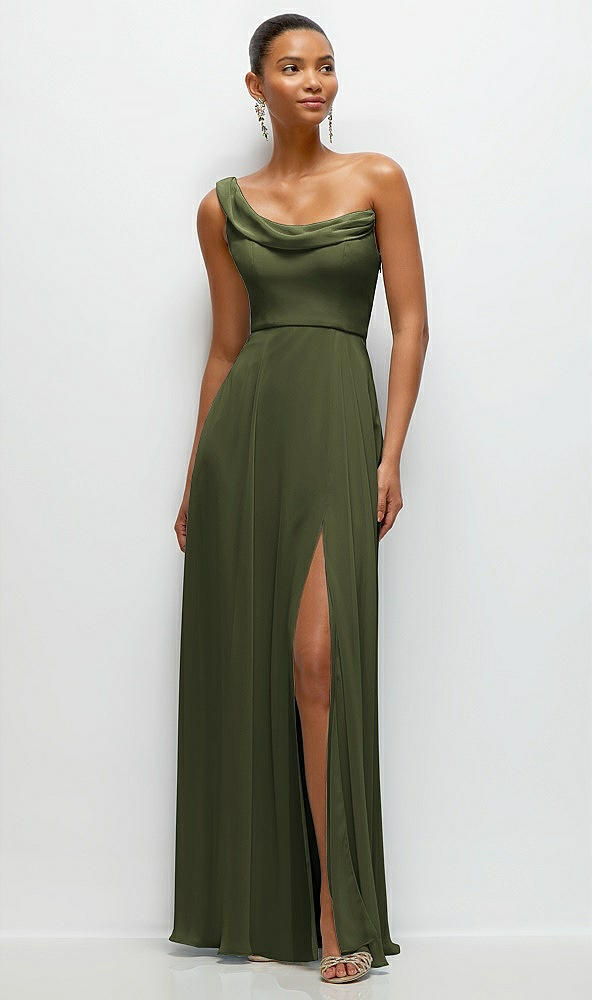 Front View - Olive Green Chiffon One-Shoulder Maxi Dress with Draped Cowl Neckline