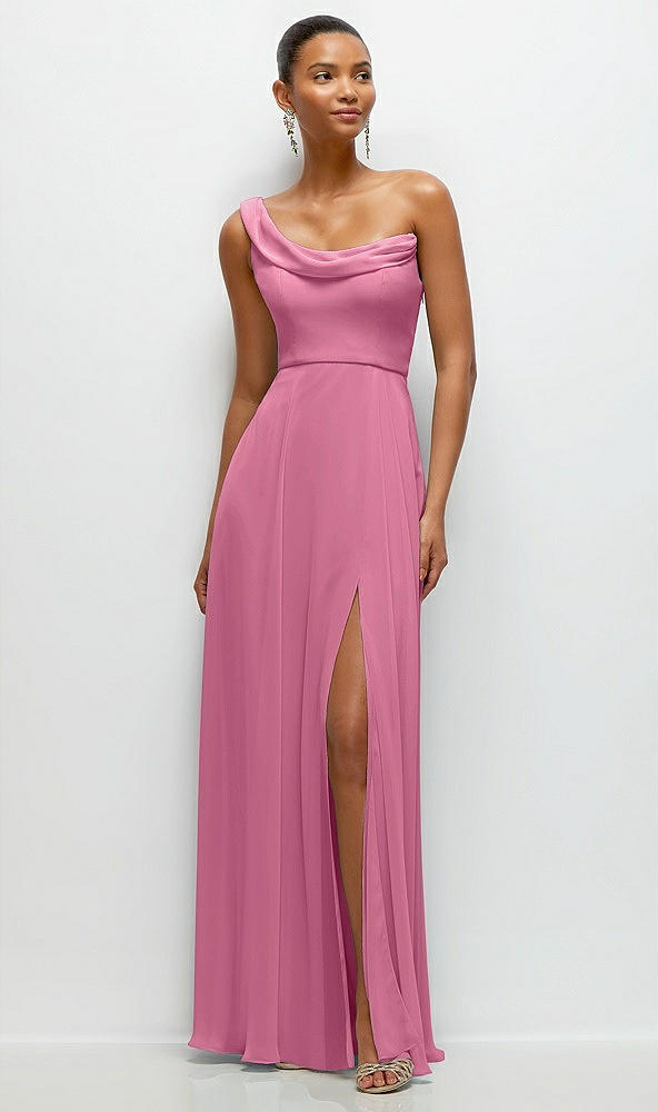 Front View - Orchid Pink Chiffon One-Shoulder Maxi Dress with Draped Cowl Neckline