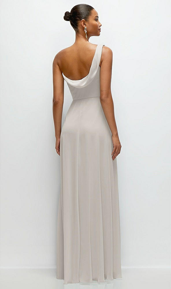 Back View - Oyster Chiffon One-Shoulder Maxi Dress with Draped Cowl Neckline