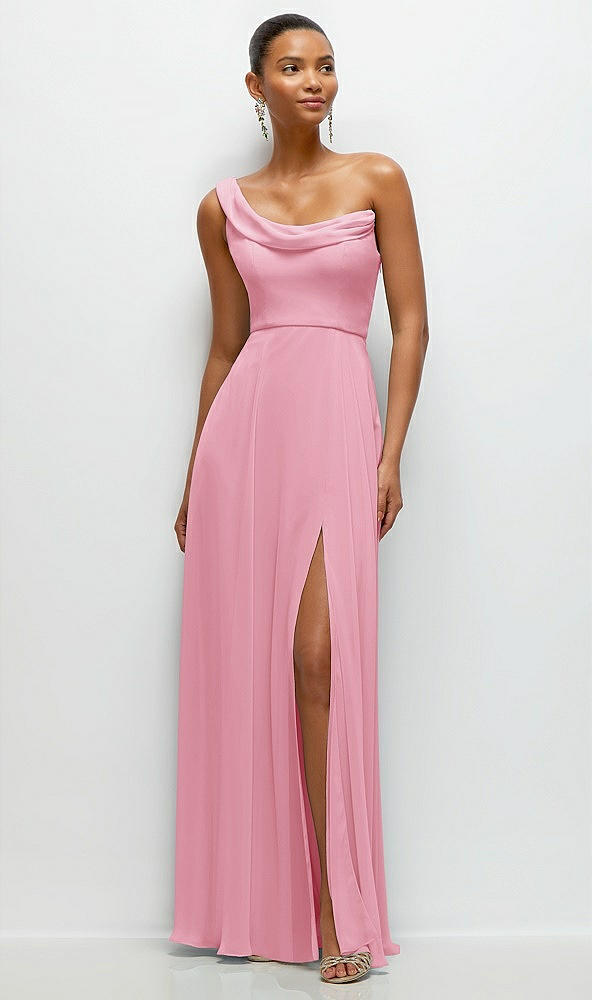 Front View - Peony Pink Chiffon One-Shoulder Maxi Dress with Draped Cowl Neckline