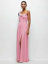 Side View Thumbnail - Peony Pink Chiffon One-Shoulder Maxi Dress with Draped Cowl Neckline