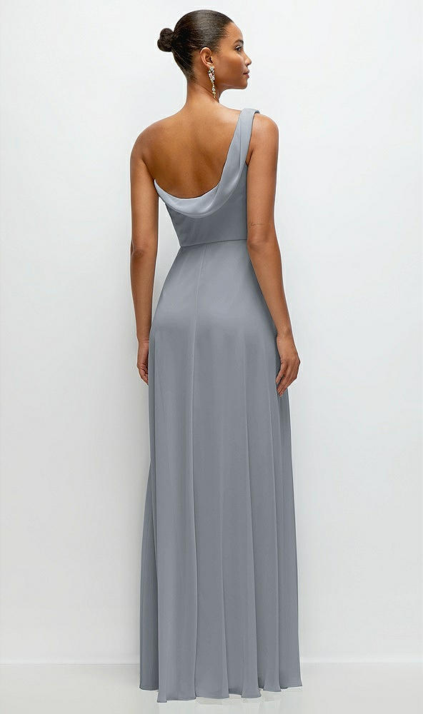 Back View - Platinum Chiffon One-Shoulder Maxi Dress with Draped Cowl Neckline