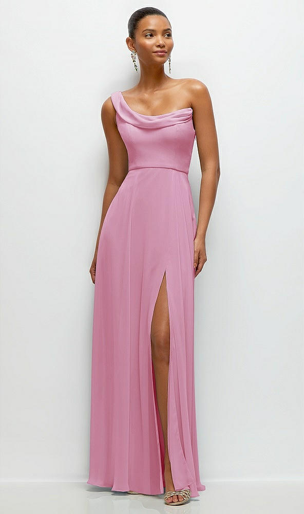 Front View - Powder Pink Chiffon One-Shoulder Maxi Dress with Draped Cowl Neckline