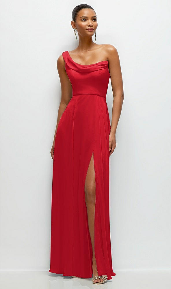 Front View - Parisian Red Chiffon One-Shoulder Maxi Dress with Draped Cowl Neckline