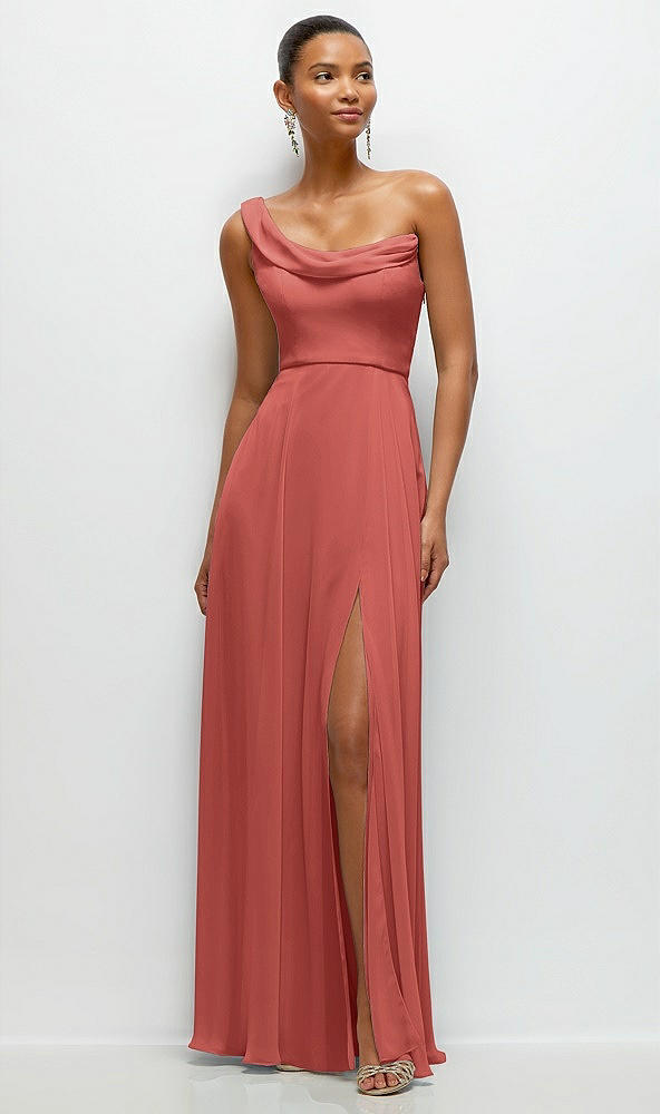 Front View - Coral Pink Chiffon One-Shoulder Maxi Dress with Draped Cowl Neckline