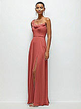 Side View Thumbnail - Coral Pink Chiffon One-Shoulder Maxi Dress with Draped Cowl Neckline