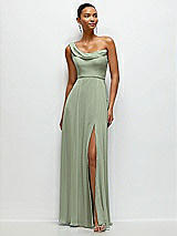 Front View Thumbnail - Sage Chiffon One-Shoulder Maxi Dress with Draped Cowl Neckline