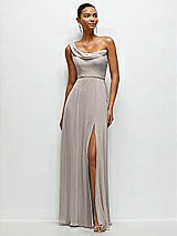 Front View Thumbnail - Taupe Chiffon One-Shoulder Maxi Dress with Draped Cowl Neckline