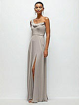 Side View Thumbnail - Taupe Chiffon One-Shoulder Maxi Dress with Draped Cowl Neckline