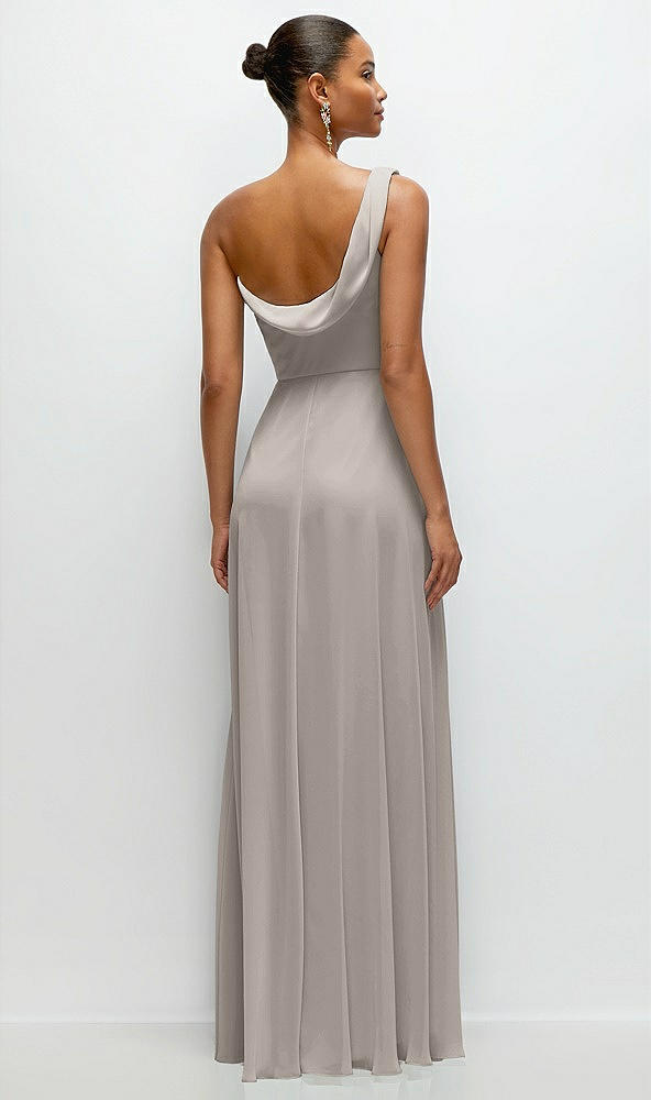 Back View - Taupe Chiffon One-Shoulder Maxi Dress with Draped Cowl Neckline