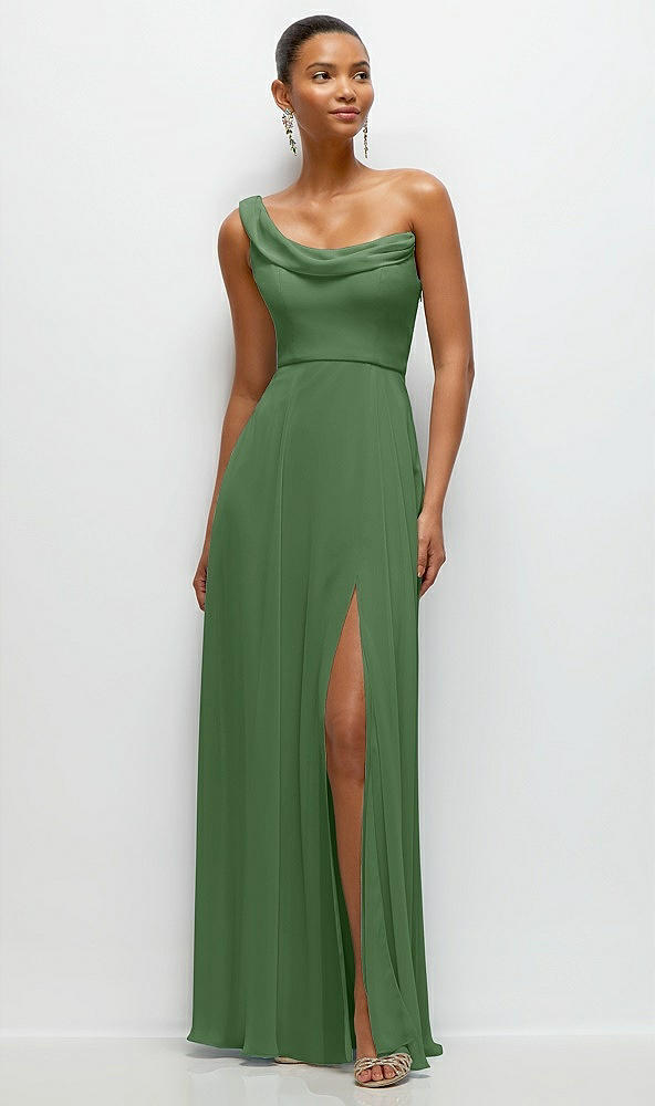 Front View - Vineyard Green Chiffon One-Shoulder Maxi Dress with Draped Cowl Neckline