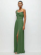 Side View Thumbnail - Vineyard Green Chiffon One-Shoulder Maxi Dress with Draped Cowl Neckline