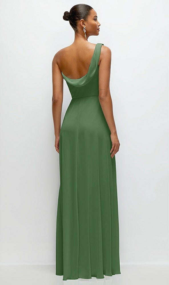 Back View - Vineyard Green Chiffon One-Shoulder Maxi Dress with Draped Cowl Neckline