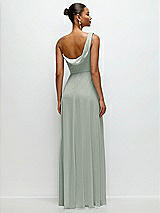 Rear View Thumbnail - Willow Green Chiffon One-Shoulder Maxi Dress with Draped Cowl Neckline