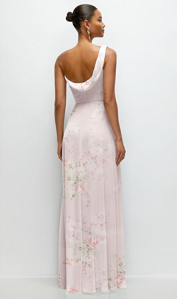 Back View - Watercolor Print Chiffon One-Shoulder Maxi Dress with Draped Cowl Neckline