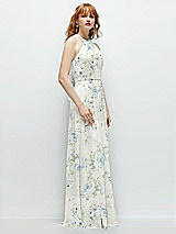 Side View Thumbnail - Bleu Garden Shirred Halter Chiffon Maxi Dress with Back Sash-Tie Closure