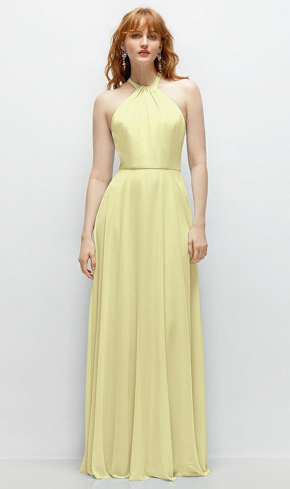 Front View - Butter Yellow Shirred Halter Chiffon Maxi Dress with Back Sash-Tie Closure