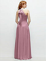 Rear View Thumbnail - Dusty Pink Shirred Halter Chiffon Maxi Dress with Back Sash-Tie Closure