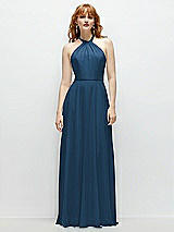 Front View Thumbnail - Dusk Blue Shirred Halter Chiffon Maxi Dress with Back Sash-Tie Closure